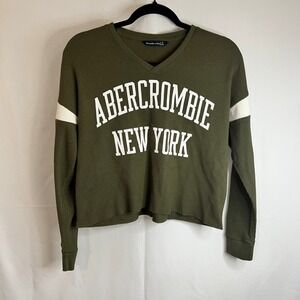 Abercrombie New York Green Waffle Knit‎ V Neck Long Sleeve Cropped Top Size S